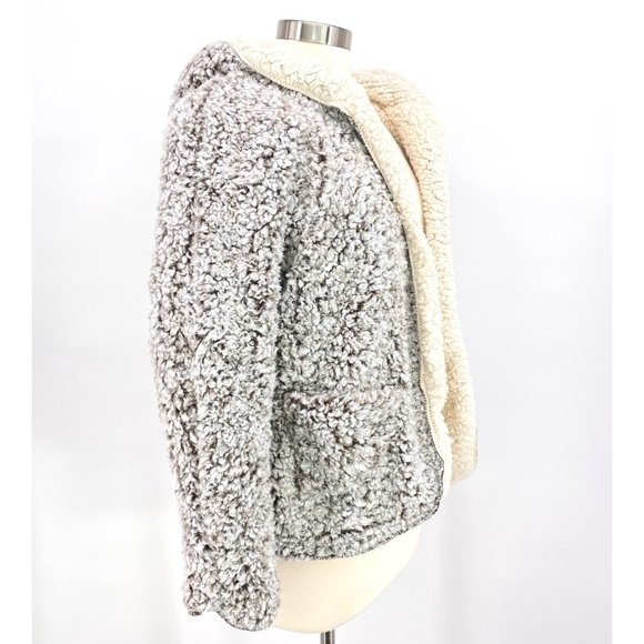 Reversible Teddy Sherpa Fur Open Front Hoodie Jacket With Pockets Cream NWT - Picture 2 of 8